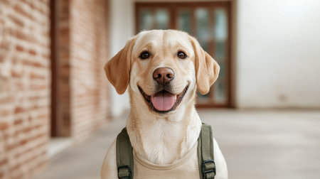 Happy Labrador Retriever Dog in Khaki Vest Smiling at Camera in Modern Indoor Space with Natural Light and Brick Wall Backgroundの素材