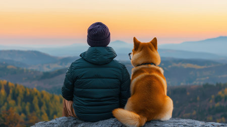 Serene Moment of a Person and a Dog Sitting on a Rock Overlooking a Beautiful Landscape at Sunset with Vibrant Colors in the Skyの素材