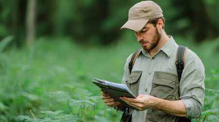 Young male forest researcher analyzing data on tablet in lush green woodland environment during fieldwork for ecological study and environmental conservation effortsの素材
