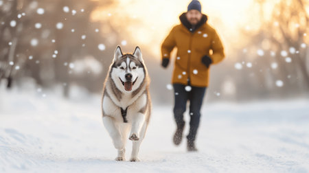 Happy man in an orange jacket running with a playful dog in a snowy landscape during sunset, creating a joyful winter moment full of life and energyの素材