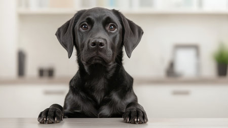 Adorable black Labrador retriever puppy looking curiously over a table with a modern kitchen background, filled with charm and personalityの素材