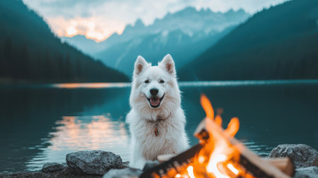 Happy Samoyed Dog Sitting Near Campfire by Mountain Lake Under Dramatic Sunset Sky with Reflections in Water and Majestic Mountain Backgroundの素材