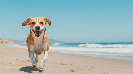 Happy beagle running on sandy beach against clear blue sky with ocean waves, showcasing joy of pets and outdoor fun in sunny weatherの素材