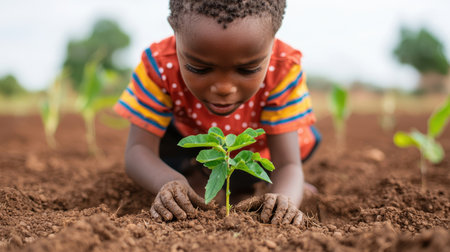 Young Child Nurturing Seedling in Rich Soil on Agricultural Farm Under Clear Sky, Showing Hope for Future and Connection to Nature and Growth Processの素材