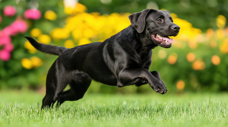 Energetic Black Labrador Dog Running Joyfully Through Vibrant Flower Garden on a Bright Sunny Day in Nature's Beautiful Landscapeの素材