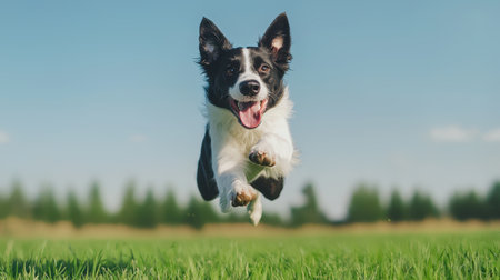 Happy dog leaps through grassy field against clear blue sky, showcasing joyful energy and playful spirit in a vibrant natural setting.の素材
