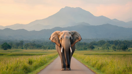 Majestic Elephant Walking on a Roadway Against a Mountainous Landscape during Golden Hour with Lush Greenery and Serene Atmosphere Reverberating Tranquilityの素材