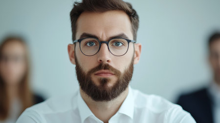 Thoughtful man in a formal shirt with glasses, focused gaze in a professional environment, serious expression, blurred people in the background.の素材