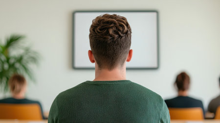 Young Man Attending a Modern Classroom Session with Blank Whiteboard Focused on Learning and Engagement in a Bright Educational Environmentの素材