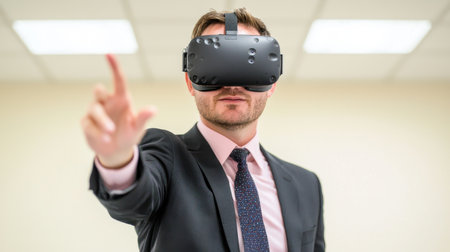 Businessman in Suit Engaging with Virtual Reality Technology in Modern Office Setting, Exploring Innovative Solutions with VR Headsetの素材