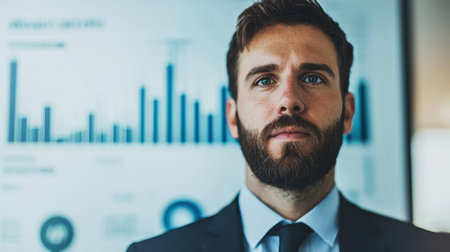 Professional businessman with focused expression in formal attire standing in front of financial charts and data analysis, symbolizing success and strategyの素材