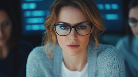 Focused Businesswoman Analyzing Data with Serious Expression Surrounded by Digital Screen in Modern Office Environmentの素材