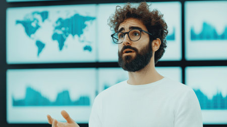 Young professional man gestures during a presentation in a modern office featuring data charts and world maps on large screens behind himの素材