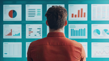 Business Analyst Observing Data Visualizations and Graphs on Digital Screen in Modern Office Workspace for Insights and Performance Reviewの素材