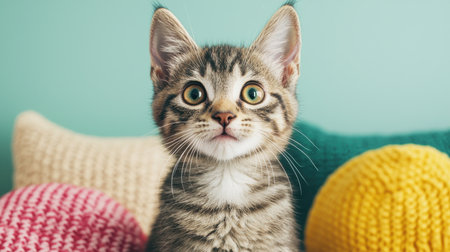 Cute and Curious Tabby Kitten Sitting on Colorful Cushions in a Bright Indoor Setting with Soft Lighting for Adorable Pet Photographyの素材