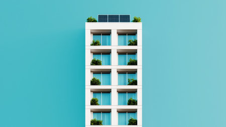 Modern architectural building with balconies and greenery against a vibrant blue background featuring solar panels for sustainable energy solutionsの素材