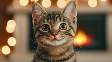 Adorable tabby cat with striking eyes in warm cozy setting surrounded by soft glowing lights and a softly lit fireplace in the backgroundの素材