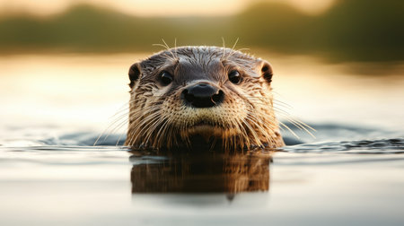Close-up of playful otter emerging from water, showcasing its curious expression and whiskers against a serene natural backdrop at sunsetの素材