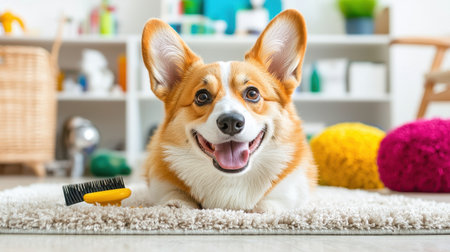 Happy Corgi Dog Lying on Carpet with Grooming Comb in a Bright and Cheerful Living Space with Colorful Cushions and Home Decor Elementsの素材