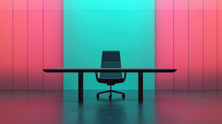 Modern office setup with black desk and ergonomic chair against vibrant purple and teal background, showcasing a sleek and minimalist workspace designの素材