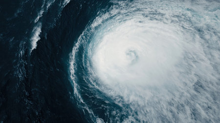Majestic Aerial View of a Powerful Hurricane Spinning Over Turbulent Ocean Waters Capturing Nature's Fury and Dynamic Weather Patternsの素材