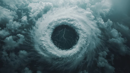 Dramatic View of a Whirlwind with Dark Center and Lightning Surrounded by a Swirling Cloud Formation in a Stormy Skyの素材