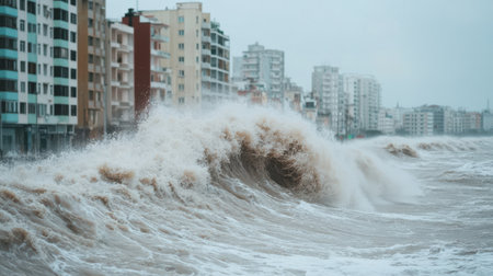 Dramatic Ocean Waves Crash Against City Buildings During Stormy Weather, Showcasing Power of Nature and Urban Environment Coexistingの素材