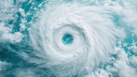 Aerial view of powerful hurricane swirling above ocean with dramatic cloud formation showcasing the intensity of nature's forces and atmospheric dynamicsの素材