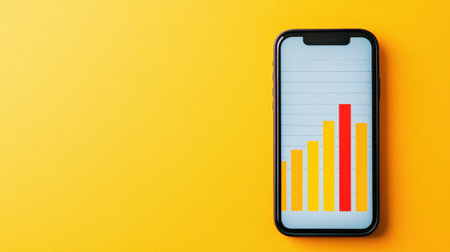 Smartphone Displaying Colorful Bar Graph on Bright Yellow Background for Business and Financial Growth Analysis and Marketing Strategy Visualizationの素材