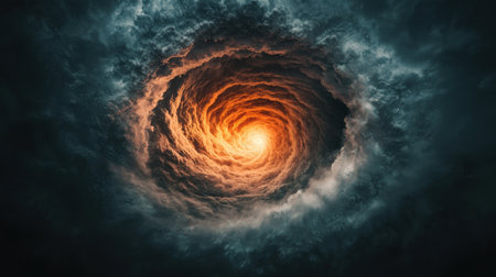 Dramatic Swirling Clouds and Fiery Center in a Cosmic Scene Capturing the Essence of Nature's Power and Mystiqueの素材