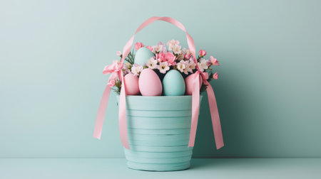 Pastel Easter Basket Filled with Colorful Eggs and Fresh Flowers on a Soft Blue Background for Spring Holiday Celebrations and Decor Ideasの素材