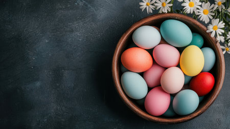 Colorful Easter eggs arranged in a wooden bowl with fresh daisies on a dark textured background celebrating springtime and tradition of Easter festivitiesの素材
