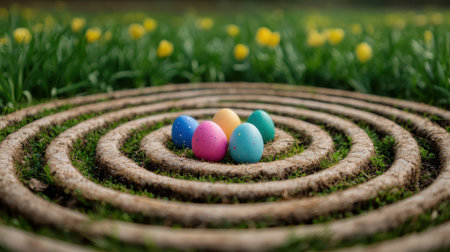Colorful Easter eggs arranged in a spiral pattern on green grass surrounded by yellow flowers creating a vibrant springtime scene for festive celebrationsの素材