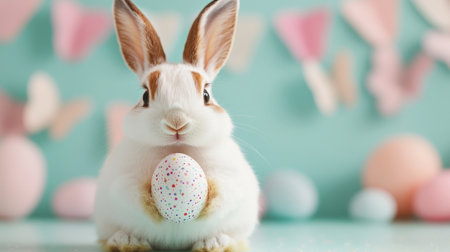 Cute fluffy rabbit holding a colorful Easter egg with pastel decorations in the background, perfect for holiday-themed designs and greetingsの素材