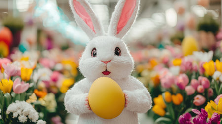 Cute fluffy bunny with long ears holding yellow egg surrounded by colorful flowers in festive spring atmosphere suitable for Easter celebration and joyful eventsの素材