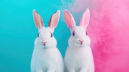 Adorable white rabbits posing against a vibrant pink and blue smoky background, perfect for playful and whimsical themes in pet and animal photographyの素材