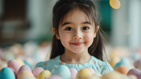 Cheerful Little Girl Surrounded by Colorful Easter Eggs, Joyful Expression and Playful Atmosphere in a Spring Celebration Filled with Happiness and Wonderの素材