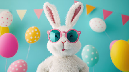 Playful White Rabbit with Sunglasses Surrounded by Colorful Balloons and Festive Decorations Ideal for Easter Celebrations or Children's Partiesの素材