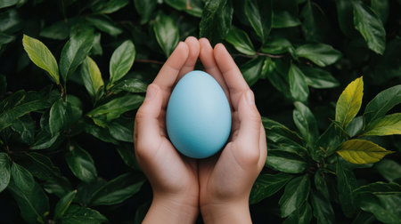 Blue Egg Held in Hands Surrounded by Green Leaves, Symbolizing Nature, Growth, New Beginnings, and Connection to the Earthの素材