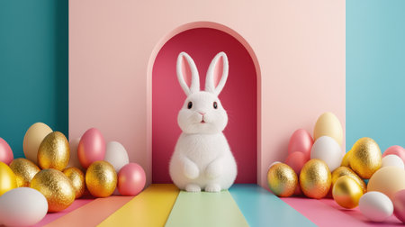 Cute fluffy white rabbit sitting in a colorful setting with pastel eggs for Easter celebration, spring decor, and holiday themesの素材