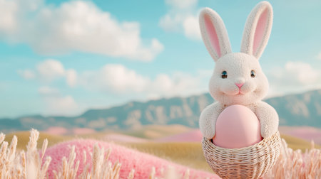 Cute Easter Bunny with Pink Egg in Woven Basket Surrounded by Colorful Flowers and Scenic Background of Rolling Hills and Clear Skyの素材