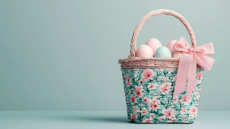 Beautiful decorative Easter basket filled with pastel-colored eggs on a soft blue background, perfect for spring celebrations and seasonal festivities.の素材