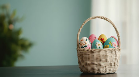 Easter basket filled with colorful decorated eggs in a bright and cheerful setting, symbolizing spring and holiday celebrations for families and childrenの素材