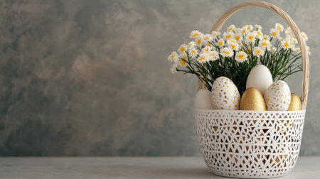Elegant Easter Basket with White Flowers and Colorful Eggs Against a Neutral Background for Spring Celebrations and Holiday Decor Inspirationの素材