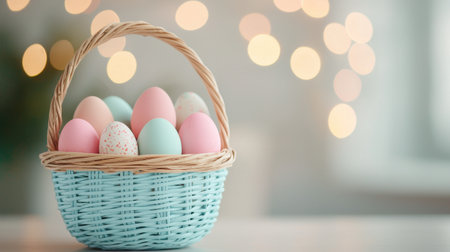 Colorful Easter Eggs in a Woven Basket with Soft Blurry Background and Bokeh Lights for Spring Celebrations and Seasonal Decorationsの素材