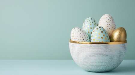 Colorful Easter Eggs in Decorative Bowl on Soft Mint Background with Light Texture and Gold Accents for Seasonal Decor and Celebrationsの素材