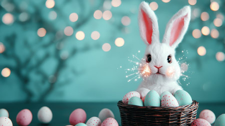 Adorable White Bunny in a Basket Surrounded by Colorful Easter Eggs Against a Soft Blue Background with Glittering Lightsの素材