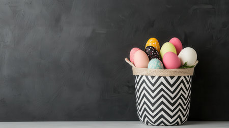 Colorful Easter Eggs in Decorative Basket with Chevron Pattern Against Dark Background for Spring Festivity, Holiday and Seasonal Decorの素材