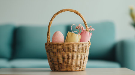 Easter basket with pastel colored egg and decorative flowers on a table with a soft blue background in a cozy living room settingの素材
