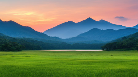 Serene Landscape of Lush Green Fields Surrounded by Majestic Mountains and a Tranquil Lake at Sunset Overlooking a Vibrant Skyの素材